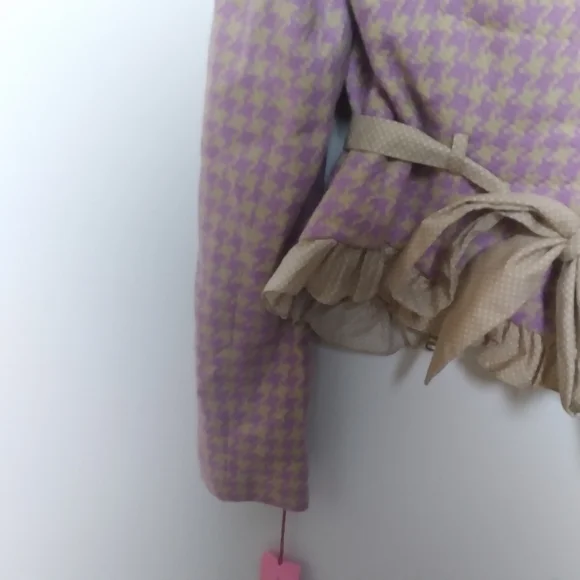 Phoebe x Kay Unger Purple and Tan Houndstooth Ruffle Trim Zip Up Blazer Size 2 - Picture 6 of 16